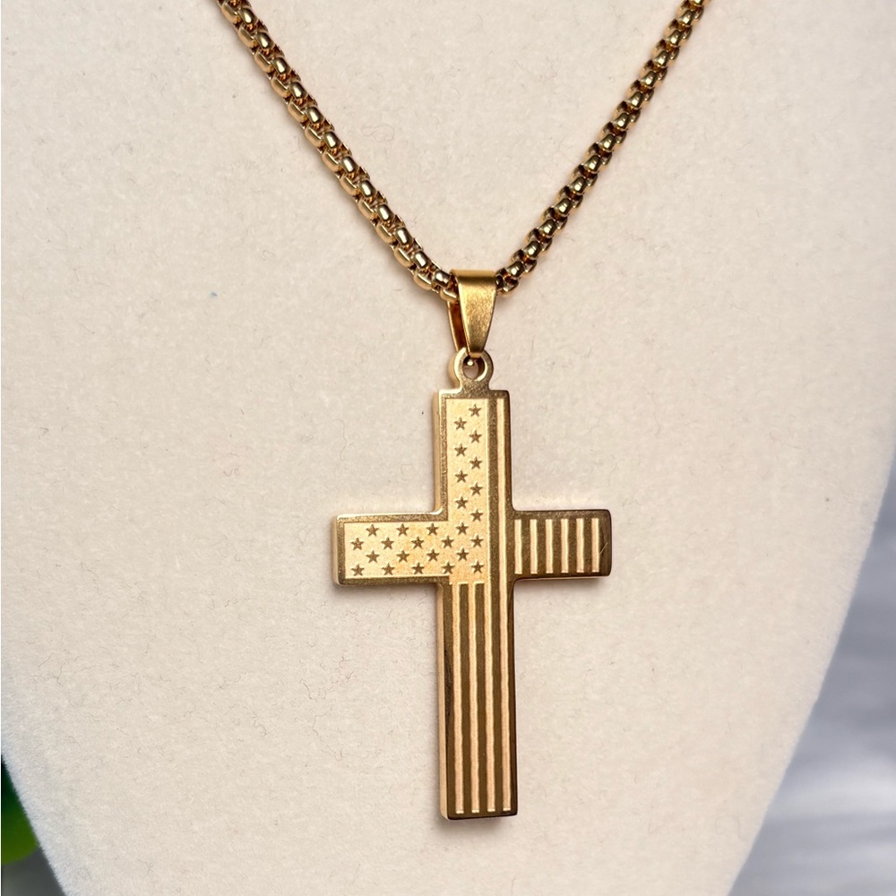 Gold Cross With American Flag Necklace - Picture 6 of 10